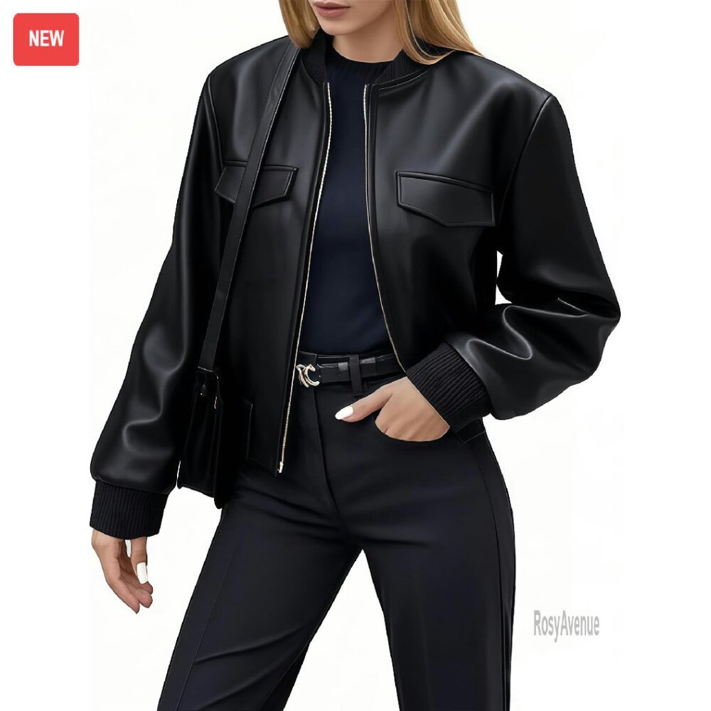 Faux Leather Cropped Bomber Jacket Women's Short Casual Coat